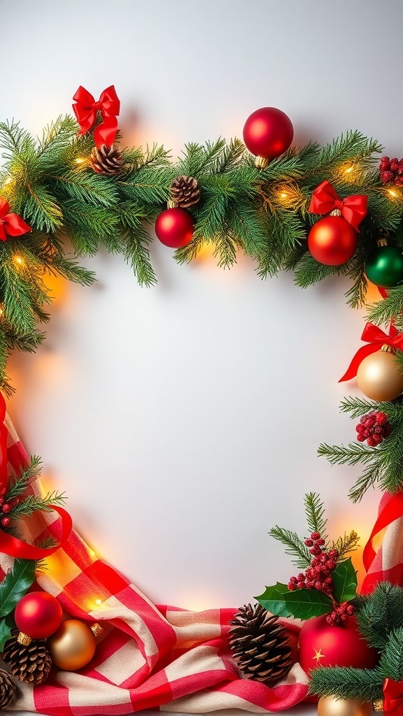 Christmas Background Portrait Recipe A festive Christmas background with evergreen branches, ornaments, and lights, ready for holiday portraits.